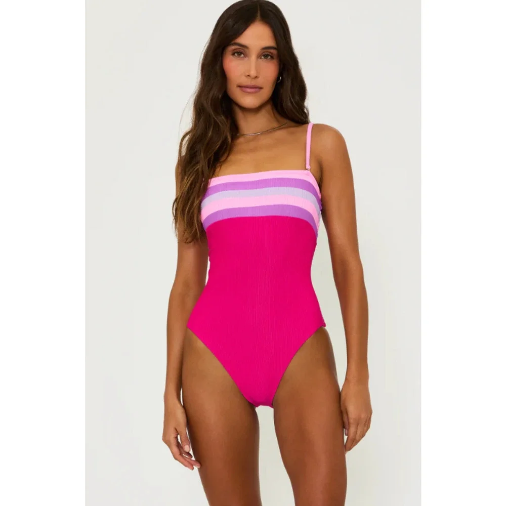 BEACH RIOT Jessa Bandeau One Piece Swimsuit Small Pink Raspberry Colorblock NWT - Picture 2 of 12